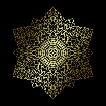 Hexagon mandala pattern applied thai art style. Golden gradient dark black background. Vector illustration.
