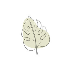 monstera line art. continuous line drawing of monstera with green spot. abstract modern minimalist style, plant vector illustration for print, print, t-shirt, logo