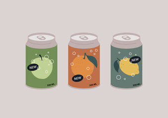 A set of three canned soft drinks with different flavors, green apple, orange, and citrus