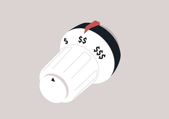 A thermostat handle with dollar signs instead of digits indicating how expensive utilities are, European energy crisis