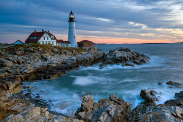 Fototapeta na wymiar Sunrise at Cape Elizabeth Lighthouse,.Portland,.Maine,New England,USA