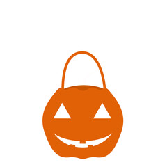 Illustration of a pumpkin with a scary smile candy basket, Halloween holiday concept.  Packaging design for goods, signboard, banners, articles.