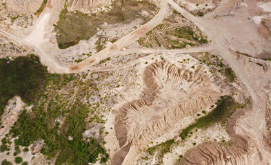 Aerial view of the mining quarry. Industrial landscape sand and desert.