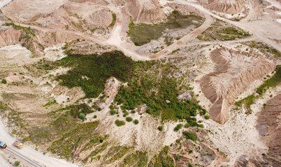 Aerial view of the mining quarry. Industrial landscape sand and desert.