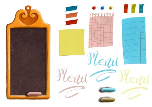 Retro menu chalkboard in Italian style with notes, lettering, chalks, pins, and stationary tape isolated on white background