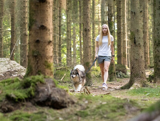 Naklejka na ściany i meble Woman and dog walking in forest