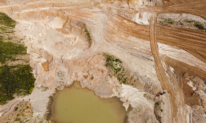 Aerial view of the mining quarry. Industrial landscape sand and desert.