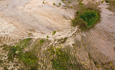 Aerial view of the mining quarry. Industrial landscape sand and desert.