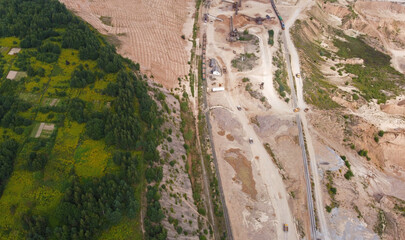 Aerial view of the mining quarry. Industrial landscape sand and desert.