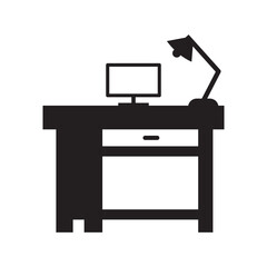 Office workspace computer desk icon | Black Vector illustration |