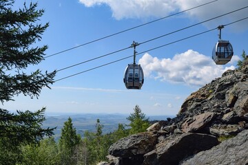 Gondola cabins of a ski lift hang on a rope against the background of mountain nature on a summer...