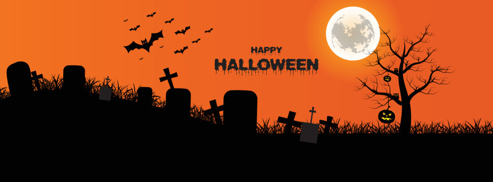 Halloween background Facebook cover with bats jack o lantern and owl at moon night