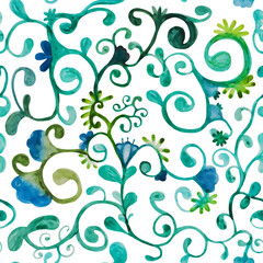 Hand drawn watercolor abstract seamless pattern of blooming flowers, leaves and branches on a white background. Decorative ornamental illustration for invitation, wallpaper, wrapping paper, fabric