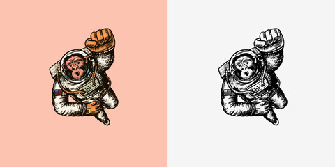 Monkey astronaut flying up. Chimpanzee spaceman character. Astronomical galaxy space. Funny cosmonaut explore adventure. Hand drawn Engraved old monochrome sketch. Vector illustration for t-shirt 