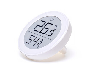 Temperature and humidity meter,  white display for smart house. Side view, with light shadow. Isolated on white background.