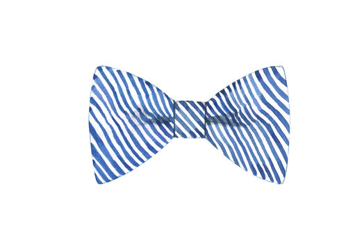 Watercolor blue stripes, sailor bowtie illustration. Hipster funny clothes accessories, character creator decor fashion element isolated. Cute drawing clipart element cutout for man, woman, summer