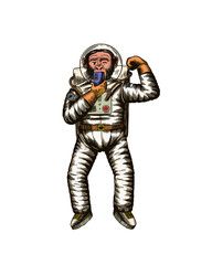 Monkey astronaut takes selfies and plays with muscles.. Chimpanzee spaceman cosmonaut character. Fashionable animal. Hand drawn Engraved old monochrome sketch. Vector illustration for t-shirt, tattoo 