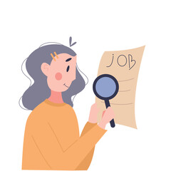 Woman looking for a vacancy job using newspaper. Job search concept. Vector illustration of employee looking for a job.