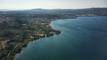 Panoramic view of Lake Bracciano near Rome, Italy. from a bird's eye view