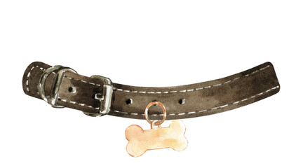 Watercolor Brown leather dog,animal collar ,bone tag illustration, Hipster funny clothes accessories, leash, lead, costume, character creator decor fashion element isolated. Cute drawing clipart 