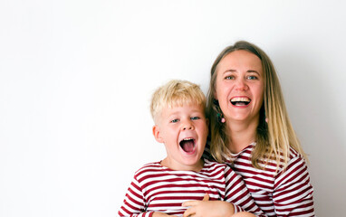 Portrait of happy mother and son over white background , Mother’s Day background