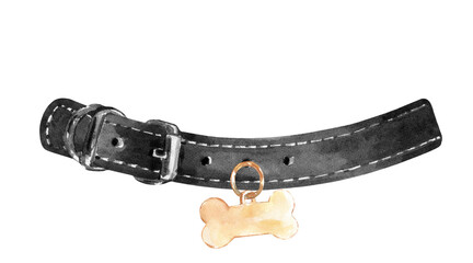 Watercolor Black leather dog,animal collar ,bone tag illustration, Hipster funny clothes accessories, leash, lead, costume, character creator decor fashion element isolated. Cute drawing clipart 