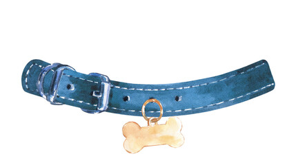Watercolor Blue leather dog,animal collar ,bone tag illustration, Hipster funny clothes accessories, leash, lead, costume, character creator decor fashion element isolated. Cute drawing clipart 