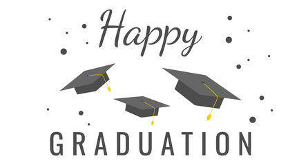 Graduation caps flying up. Happy graduation day. Background with academic hats. Concept for banner, poster, party and event invitation. 