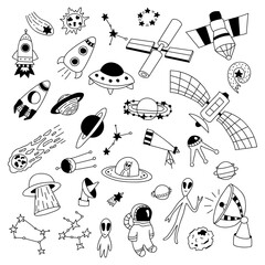 Set of hand drawn space elements. Vector illustration in doodle style. Isolated on a white background. Alien, stars, rocket, planets