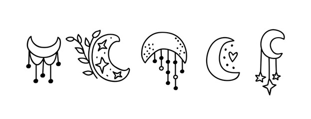 Set of hand drawn moons. Magic symbols. Vector illustration in doodle style. Isolated on a white background.