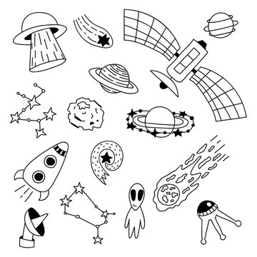 Set of hand drawn space elements. Vector illustration in doodle style. Isolated on a white background. Alien, stars, rocket, planets