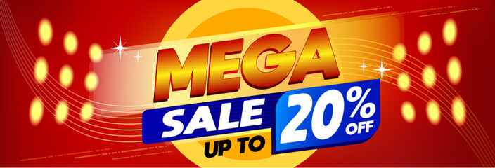 Mega sale 20 percent off promotional banner discount with elements and red background
