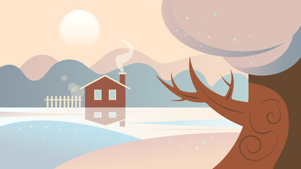 winter landscape illustration, winter card, vector winter illustration, landscape with house and river