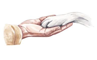 The white paw of a dog on the palm of a man. Watercolor illustration on a white background.
