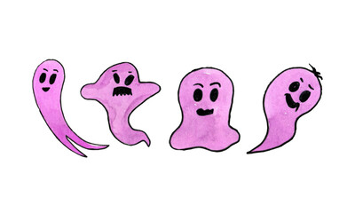 Hand painted watercolor cute Halloween ghosts, isolated on white background