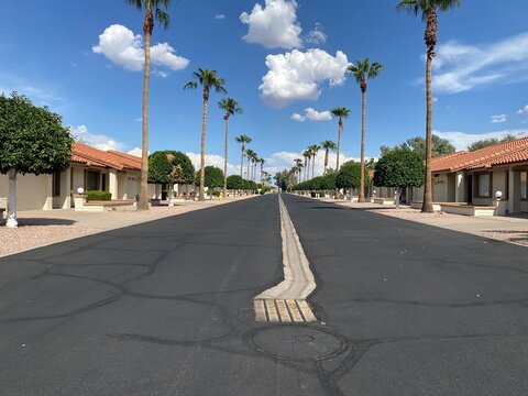 Typical residential street in a retirement 55+ senior community in Mesa, Arizona