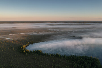 Aerial view over wilderness area with bog wetland and fog clad lake with the dawn colored sky background