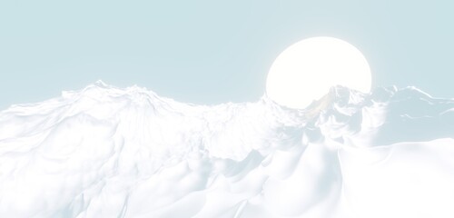 Fantasy landscape of other world, snowy mountain valley and shining planet and blue sky. Digital painting 3d rendering