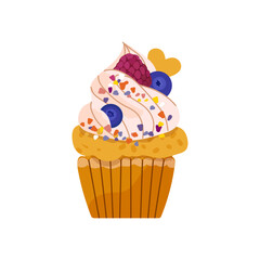 Fruit cupcake vector illustration. Muffin with berries. Baked dessert. Homemade bakery with blueberries and raspberry isolated object on white background