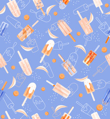 Ice cream bar popsicle seamless pattern on blue background. Summer dessert with white line illustration for web, site, advertising, banner, poster, board and print