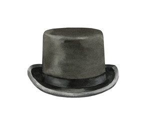 Watercolor black top hat illustration. Hipster funny clothes accessories, costume, character creator decor fashion element isolated. Cute drawing clipart element cutout for man, woman, animal