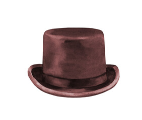 Watercolor brown top hat illustration. Hipster funny clothes accessories, costume, character creator decor fashion element isolated. Cute drawing clipart element cutout for man, woman, animal