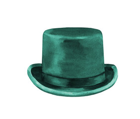 Watercolor green top hat illustration. Hipster funny clothes accessories, costume, character creator decor fashion element isolated. Cute drawing clipart element cutout for man, woman, animal