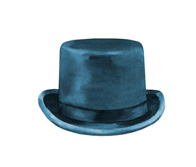 Watercolor blue top hat illustration. Hipster funny clothes accessories, costume, character creator decor fashion element isolated. Cute drawing clipart element cutout for man, woman, animal
