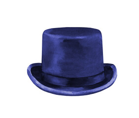 Watercolor blue top hat illustration. Hipster funny clothes accessories, costume, character creator decor fashion element isolated. Cute drawing clipart element cutout for man, woman, animal