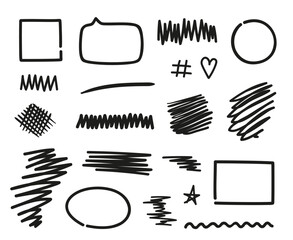 Abstract geometric elements. Line art. Hand drawn abstract hatchings. Sketchy elements. Freehand scrawls. Black and white illustration