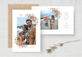 Family Photo Greetings Card with Delicate Autumn Flowers