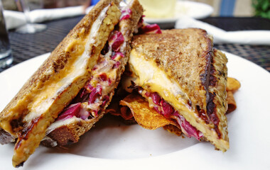 Vegetarian tempeh reuben sandwich on artisan bread