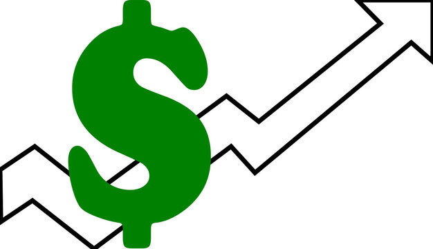 A transparent large green dollar sign with and arrow going up and down showing growth over time.