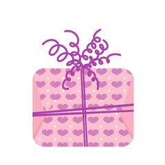 Gift box with hearts. Pink present box with hearts and purple bow. Flat, cartoon, vector